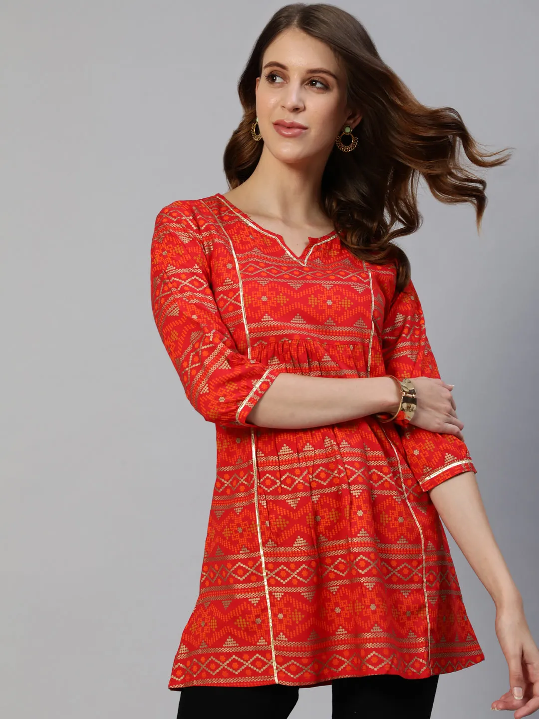 Anubhutee Red  Gold Geometric Printed Pleated Kurti