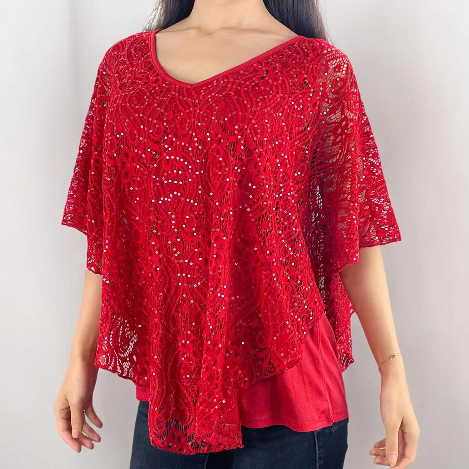 Brittany Black Womens V-Neck 3/4 Sleeve Lace Poncho Floral Print Knit Blouse