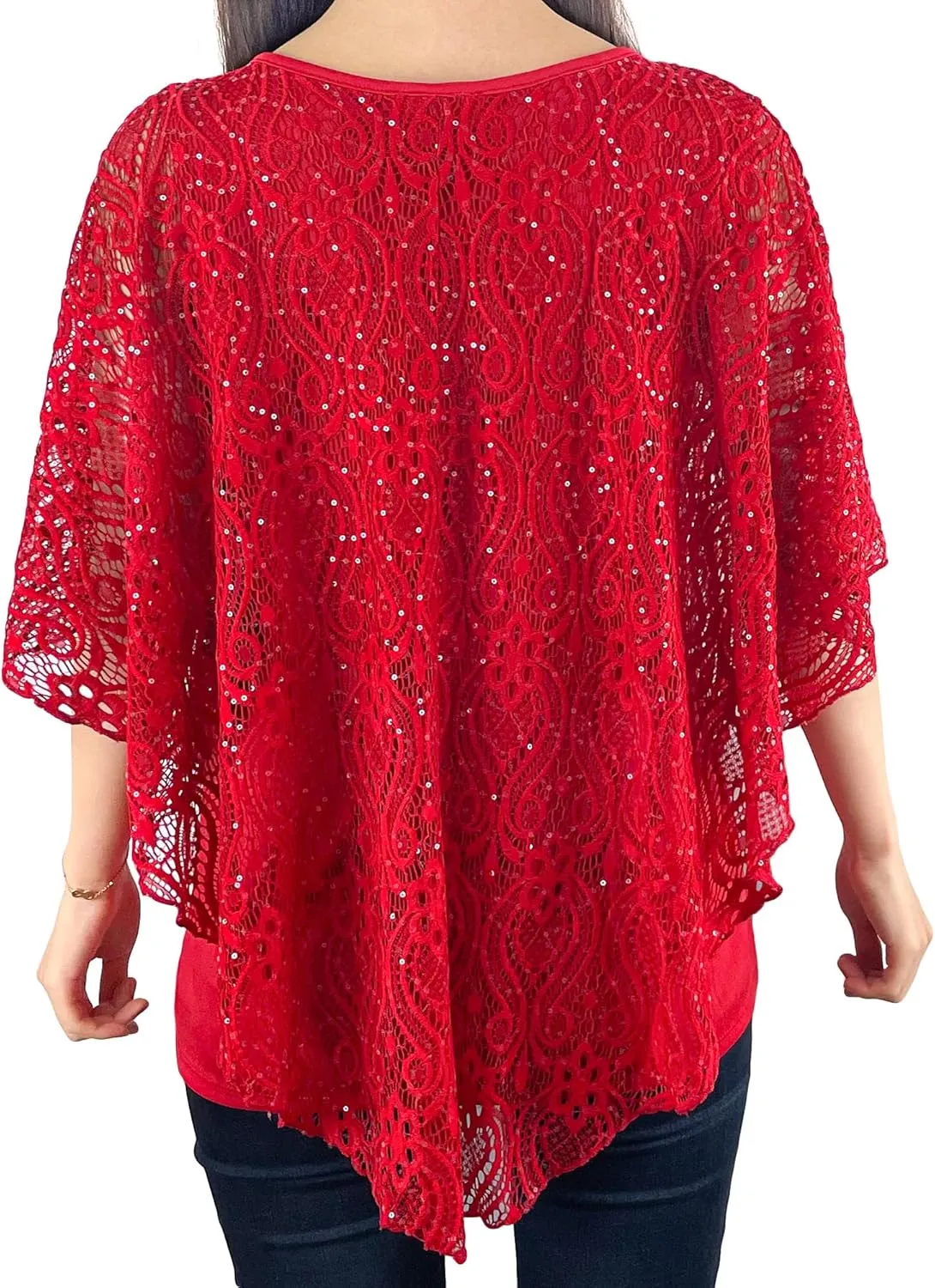 Brittany Black Womens V-Neck 3/4 Sleeve Lace Poncho Floral Print Knit Blouse