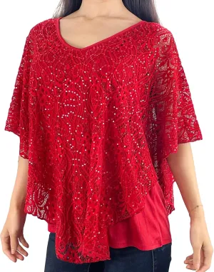 Brittany Black Womens V-Neck 3/4 Sleeve Lace Poncho Floral Print Knit Blouse