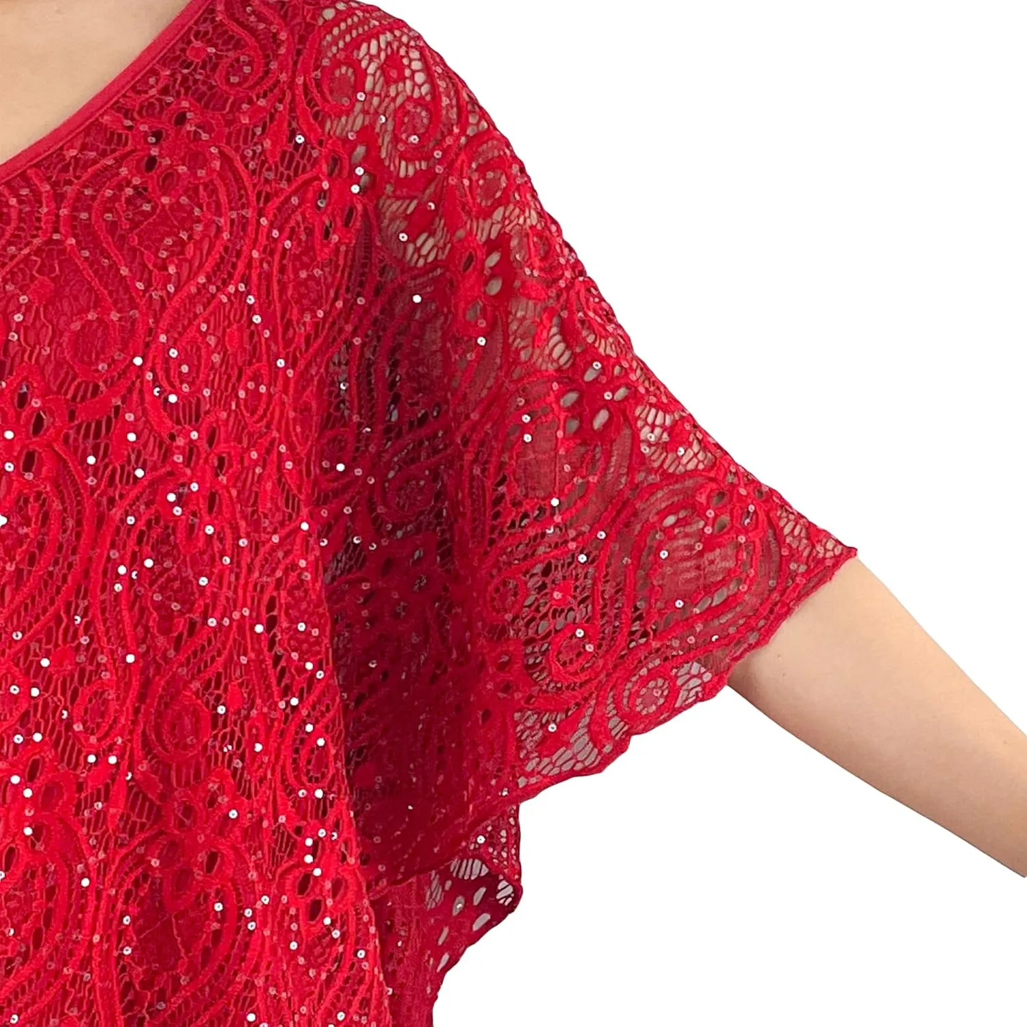 Brittany Black Womens V-Neck 3/4 Sleeve Lace Poncho Floral Print Knit Blouse