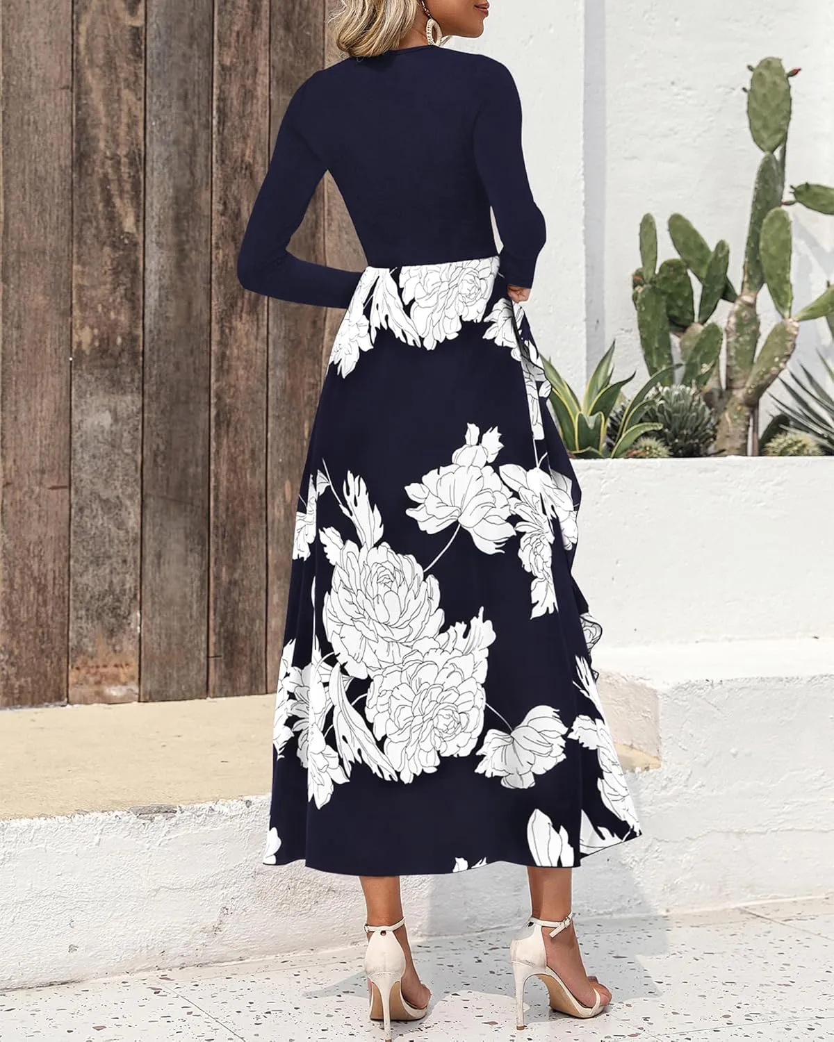 BTFBM Womens Floral Maxi Dress Spring Summer Casual Crewneck Long Sleeve Ruffle Flowy Cocktail Wedding Guest Dresses