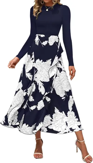 BTFBM Womens Floral Maxi Dress Spring Summer Casual Crewneck Long Sleeve Ruffle Flowy Cocktail Wedding Guest Dresses