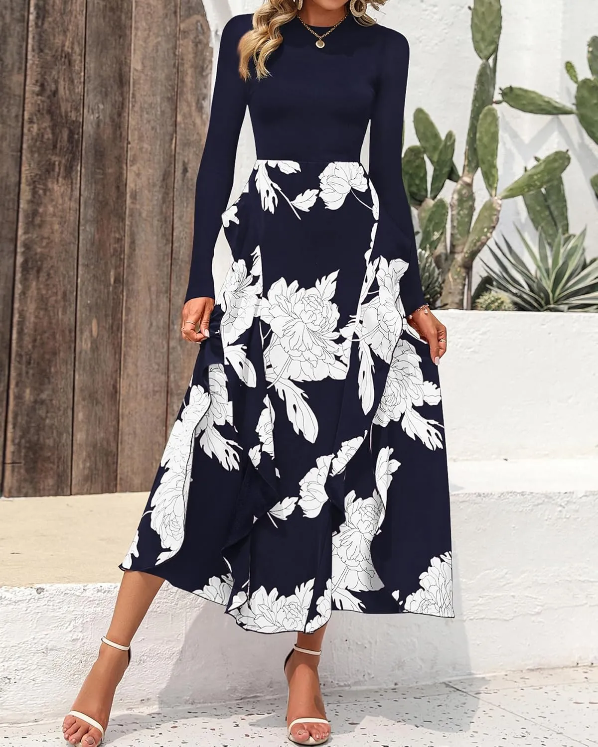 BTFBM Womens Floral Maxi Dress Spring Summer Casual Crewneck Long Sleeve Ruffle Flowy Cocktail Wedding Guest Dresses