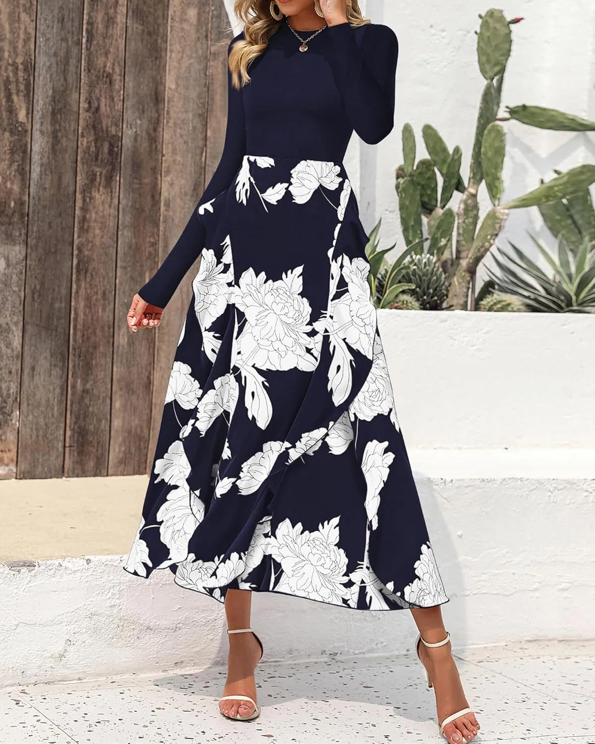 BTFBM Womens Floral Maxi Dress Spring Summer Casual Crewneck Long Sleeve Ruffle Flowy Cocktail Wedding Guest Dresses