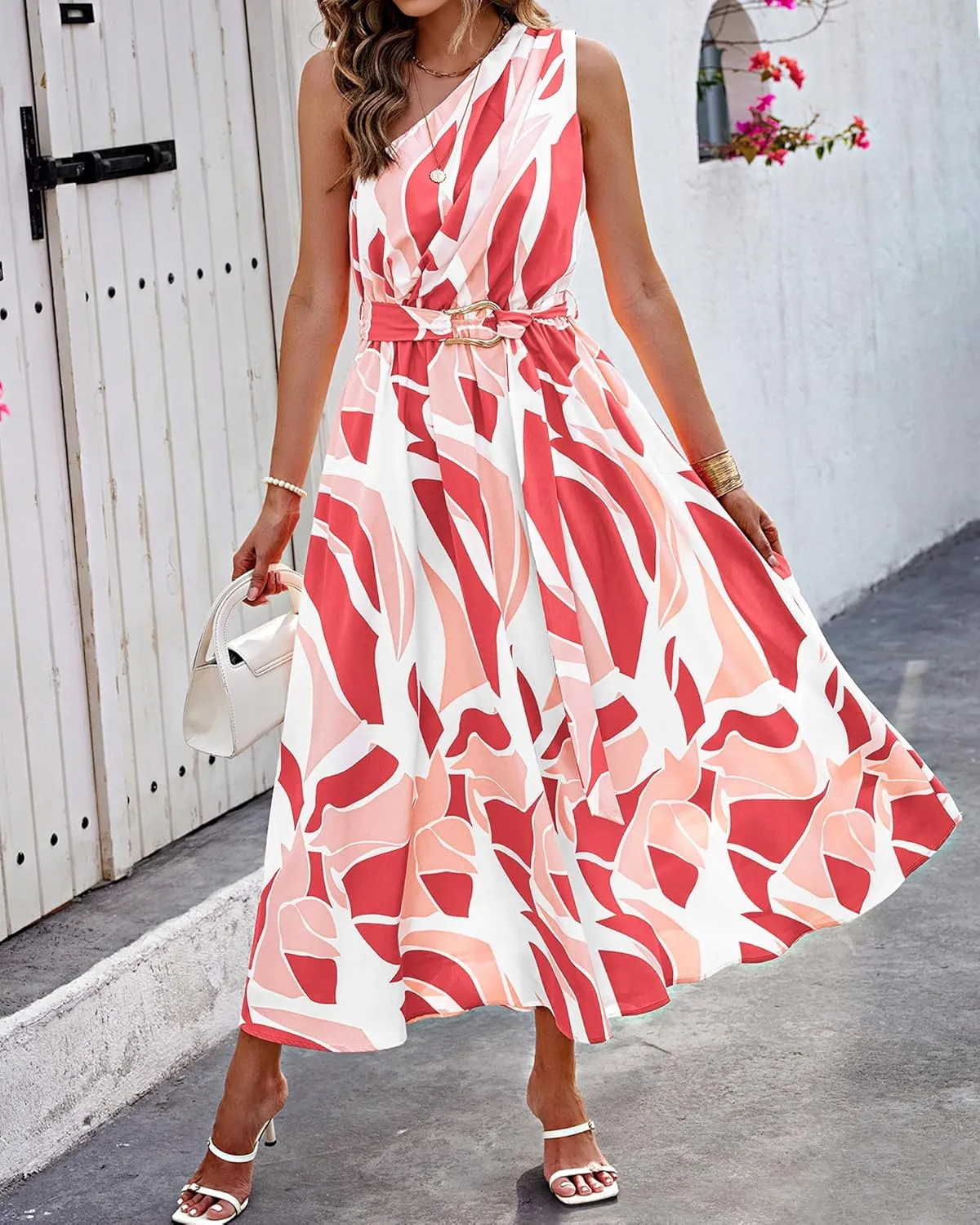 BTFBM Women's Sleeveless One Shoulder Dress Resort Outfits Casual Summer Maxi Sundress Print Belted Long Flowy Dresses