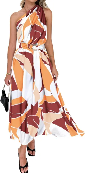 BTFBM Women's Sleeveless One Shoulder Dress Resort Outfits Casual Summer Maxi Sundress Print Belted Long Flowy Dresses
