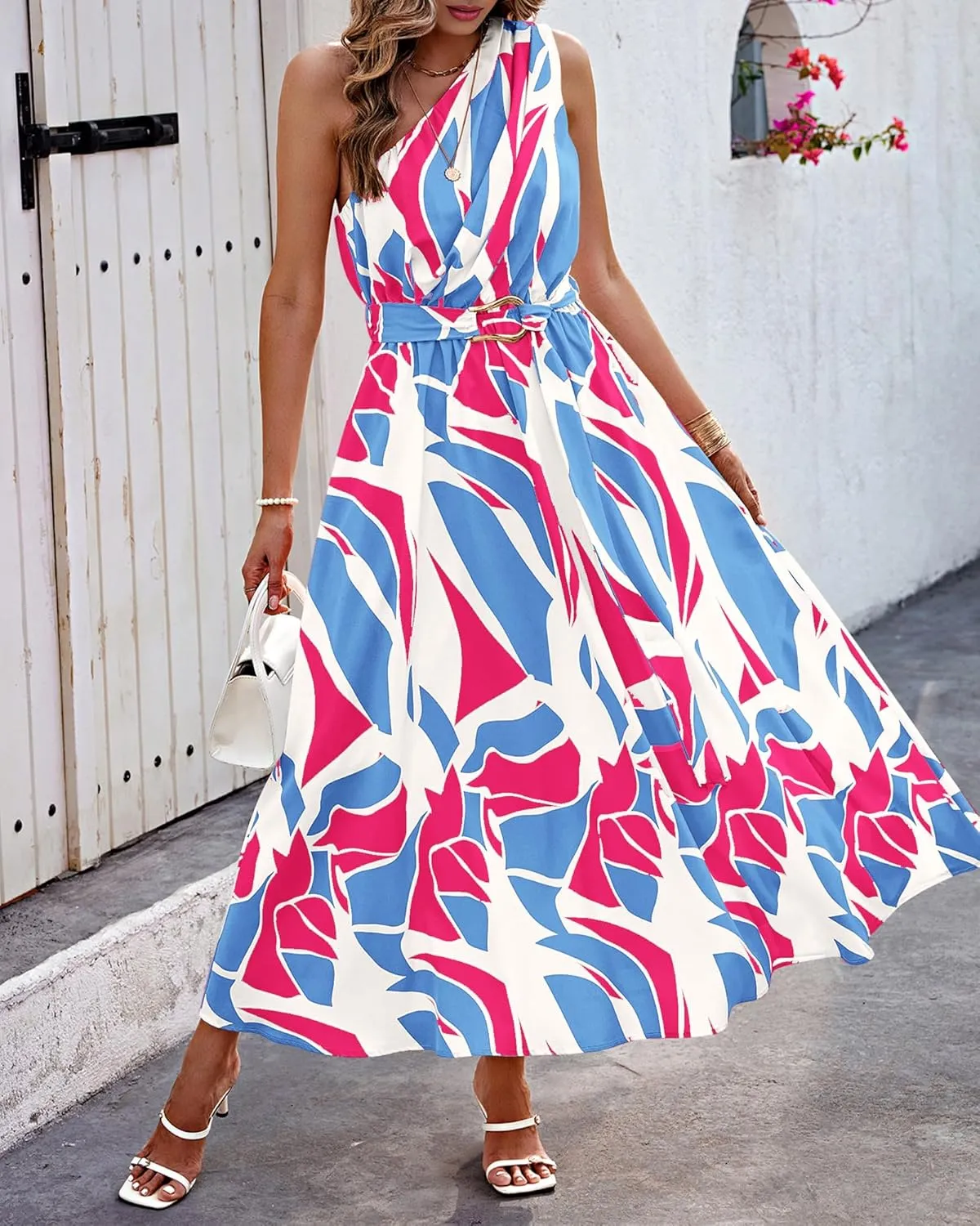 BTFBM Women's Sleeveless One Shoulder Dress Resort Outfits Casual Summer Maxi Sundress Print Belted Long Flowy Dresses