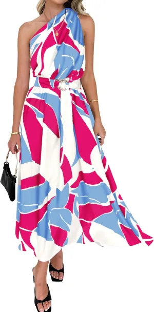 BTFBM Women's Sleeveless One Shoulder Dress Resort Outfits Casual Summer Maxi Sundress Print Belted Long Flowy Dresses