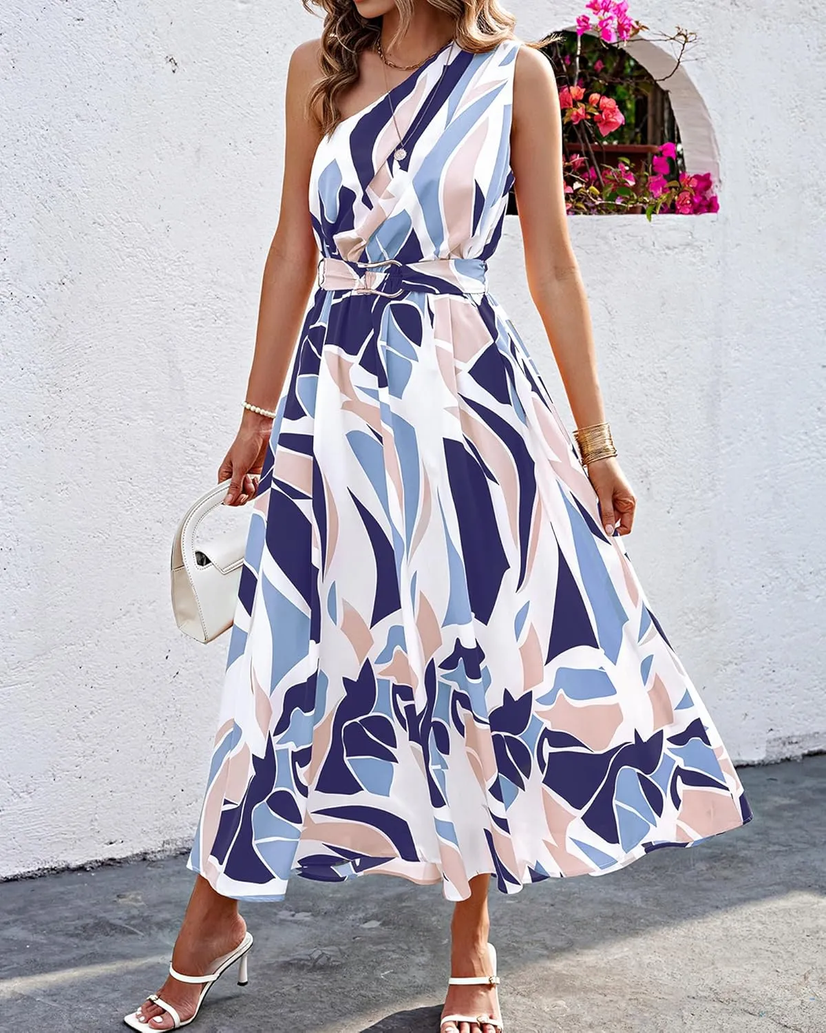 BTFBM Women's Sleeveless One Shoulder Dress Resort Outfits Casual Summer Maxi Sundress Print Belted Long Flowy Dresses