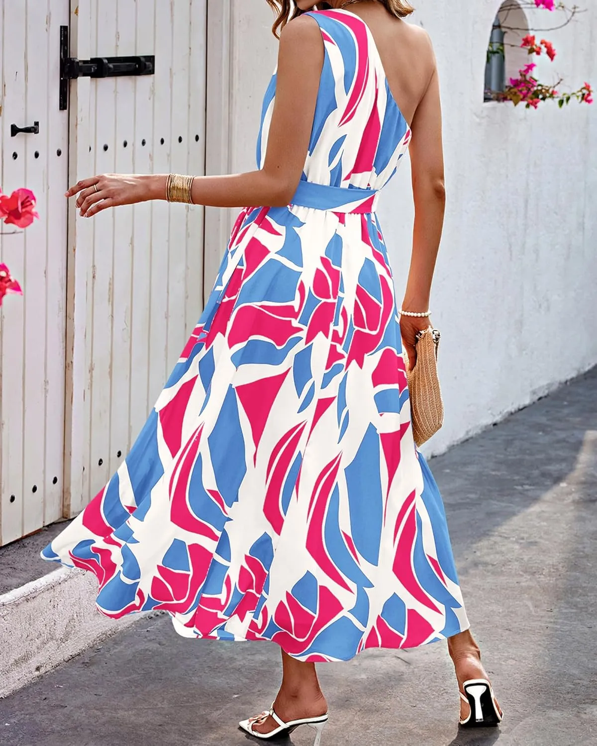 BTFBM Women's Sleeveless One Shoulder Dress Resort Outfits Casual Summer Maxi Sundress Print Belted Long Flowy Dresses