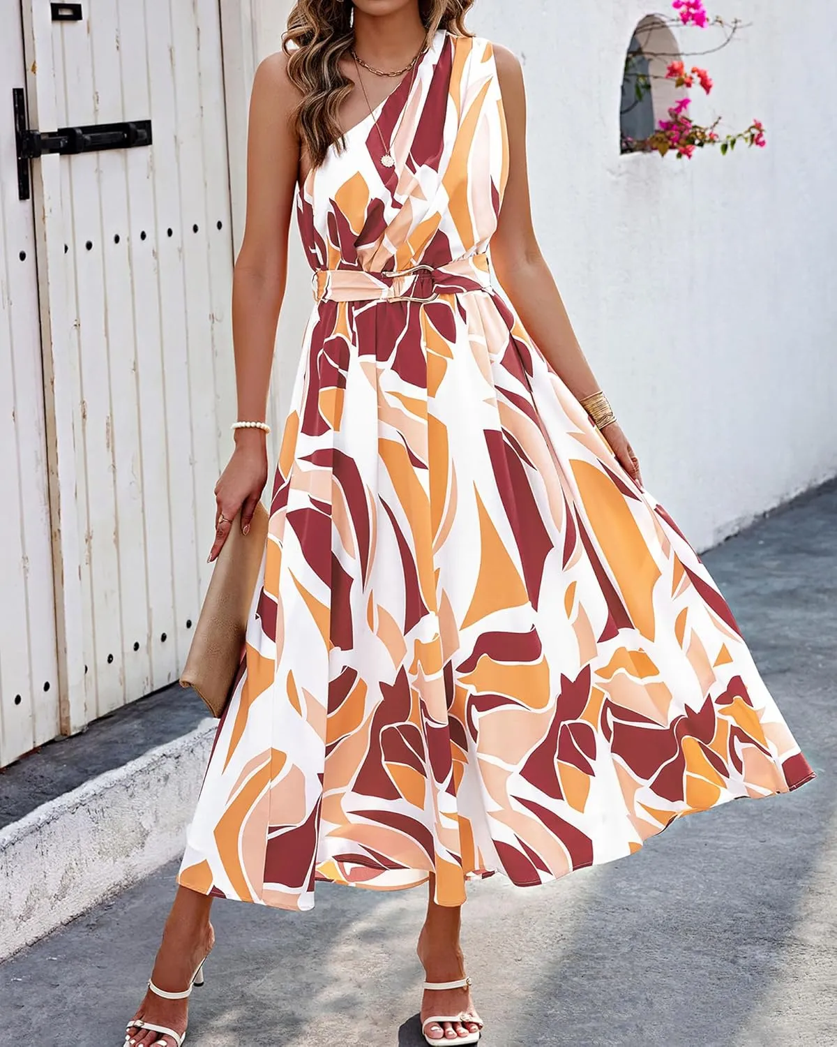 BTFBM Women's Sleeveless One Shoulder Dress Resort Outfits Casual Summer Maxi Sundress Print Belted Long Flowy Dresses