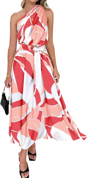 BTFBM Women's Sleeveless One Shoulder Dress Resort Outfits Casual Summer Maxi Sundress Print Belted Long Flowy Dresses