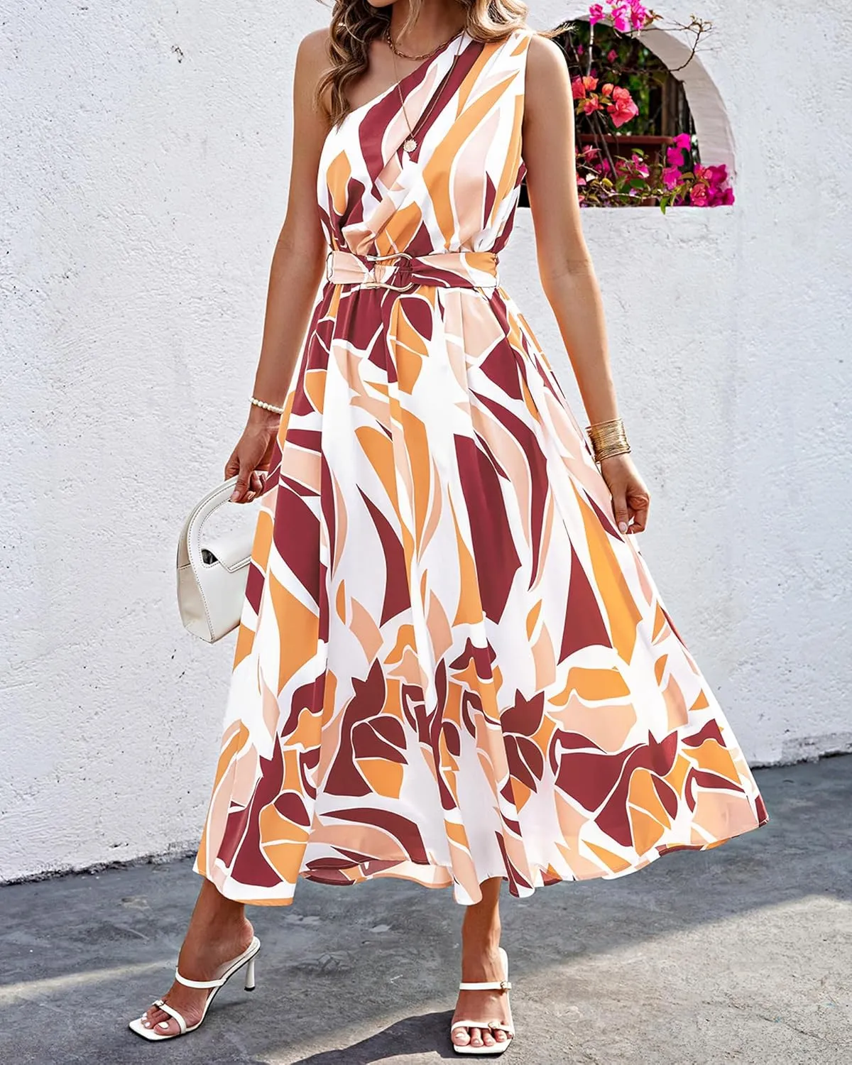 BTFBM Women's Sleeveless One Shoulder Dress Resort Outfits Casual Summer Maxi Sundress Print Belted Long Flowy Dresses