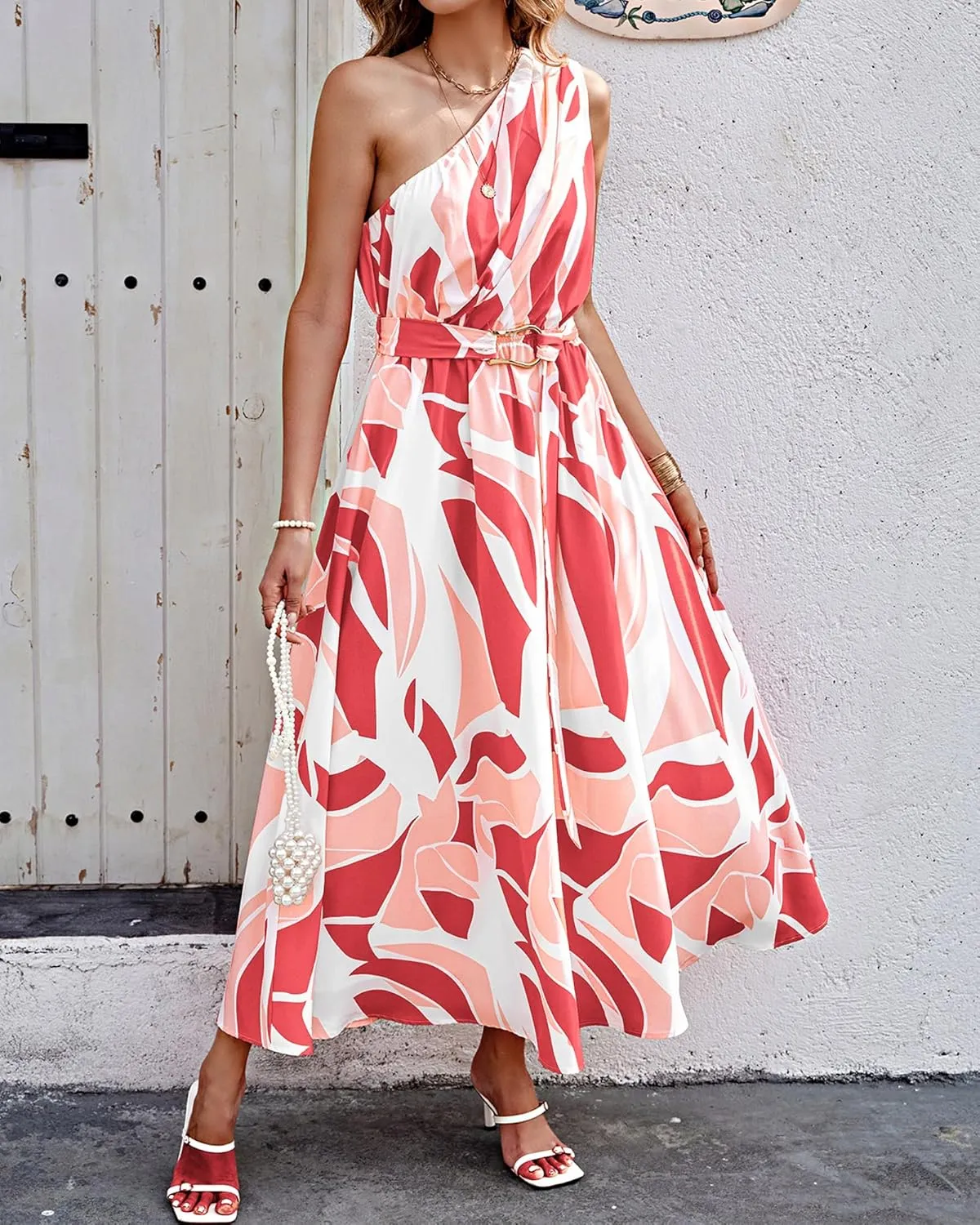 BTFBM Women's Sleeveless One Shoulder Dress Resort Outfits Casual Summer Maxi Sundress Print Belted Long Flowy Dresses