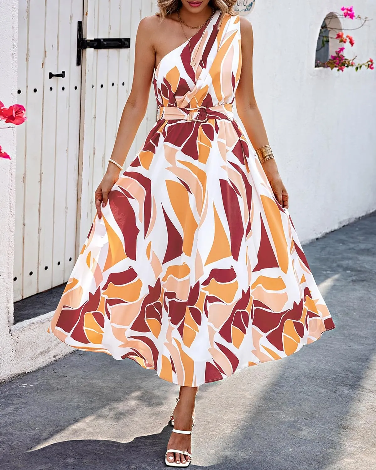 BTFBM Women's Sleeveless One Shoulder Dress Resort Outfits Casual Summer Maxi Sundress Print Belted Long Flowy Dresses
