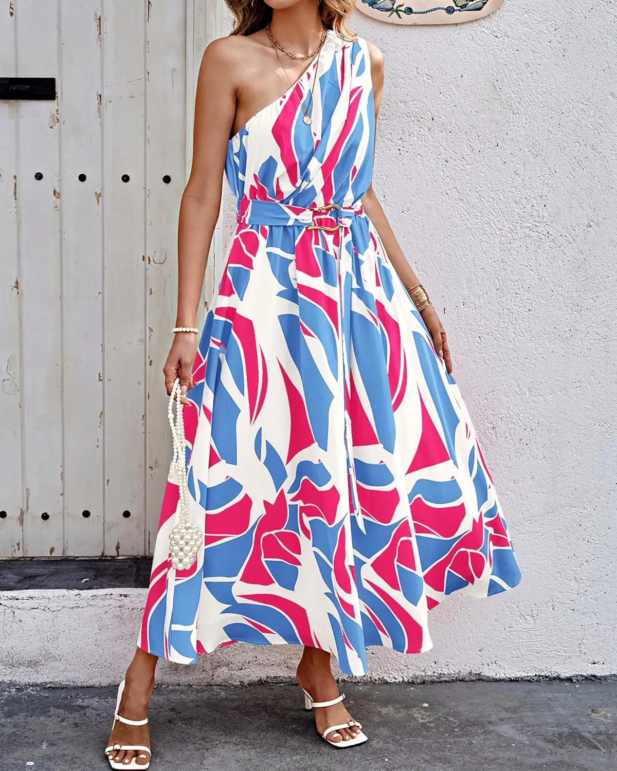 BTFBM Women's Sleeveless One Shoulder Dress Resort Outfits Casual Summer Maxi Sundress Print Belted Long Flowy Dresses