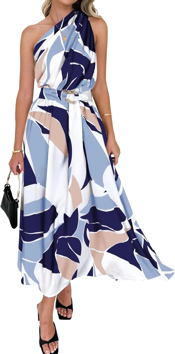 BTFBM Women's Sleeveless One Shoulder Dress Resort Outfits Casual Summer Maxi Sundress Print Belted Long Flowy Dresses