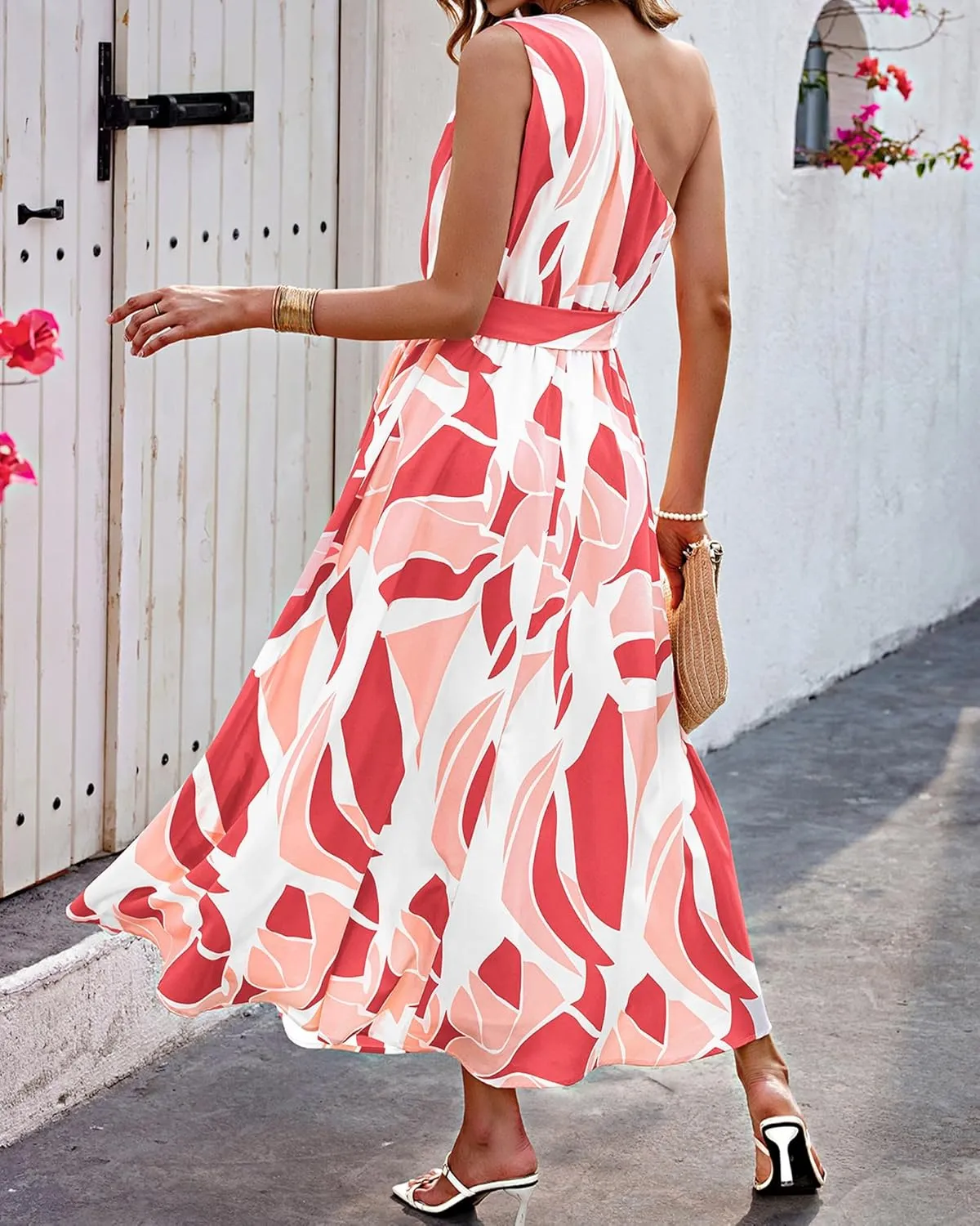 BTFBM Women's Sleeveless One Shoulder Dress Resort Outfits Casual Summer Maxi Sundress Print Belted Long Flowy Dresses
