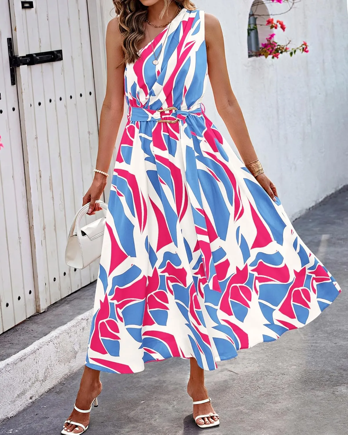 BTFBM Women's Sleeveless One Shoulder Dress Resort Outfits Casual Summer Maxi Sundress Print Belted Long Flowy Dresses