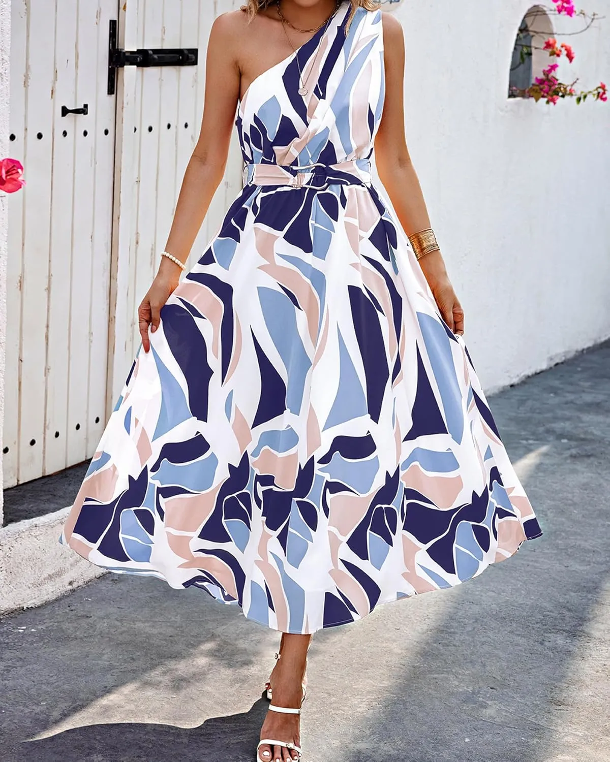 BTFBM Women's Sleeveless One Shoulder Dress Resort Outfits Casual Summer Maxi Sundress Print Belted Long Flowy Dresses