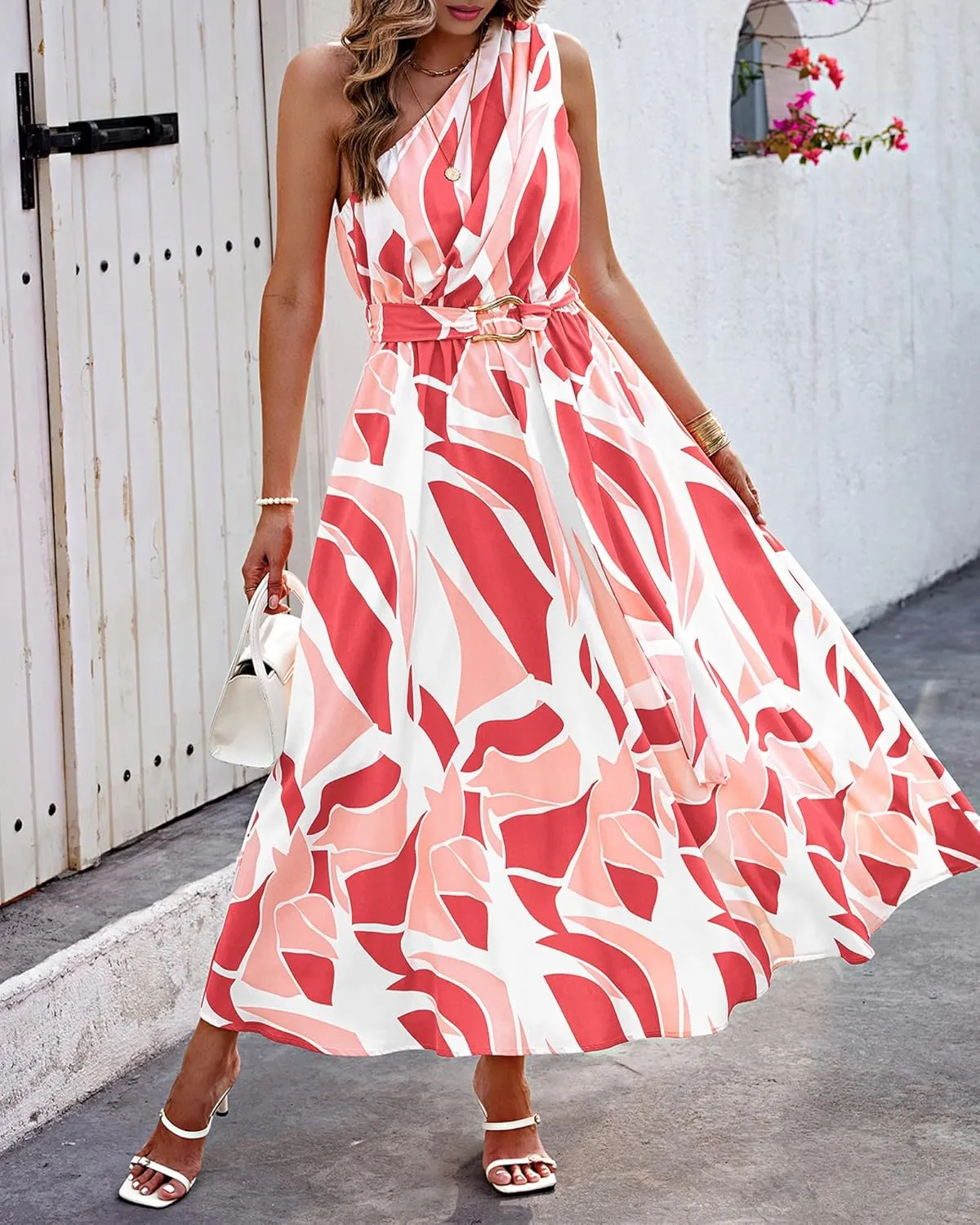 BTFBM Women's Sleeveless One Shoulder Dress Resort Outfits Casual Summer Maxi Sundress Print Belted Long Flowy Dresses