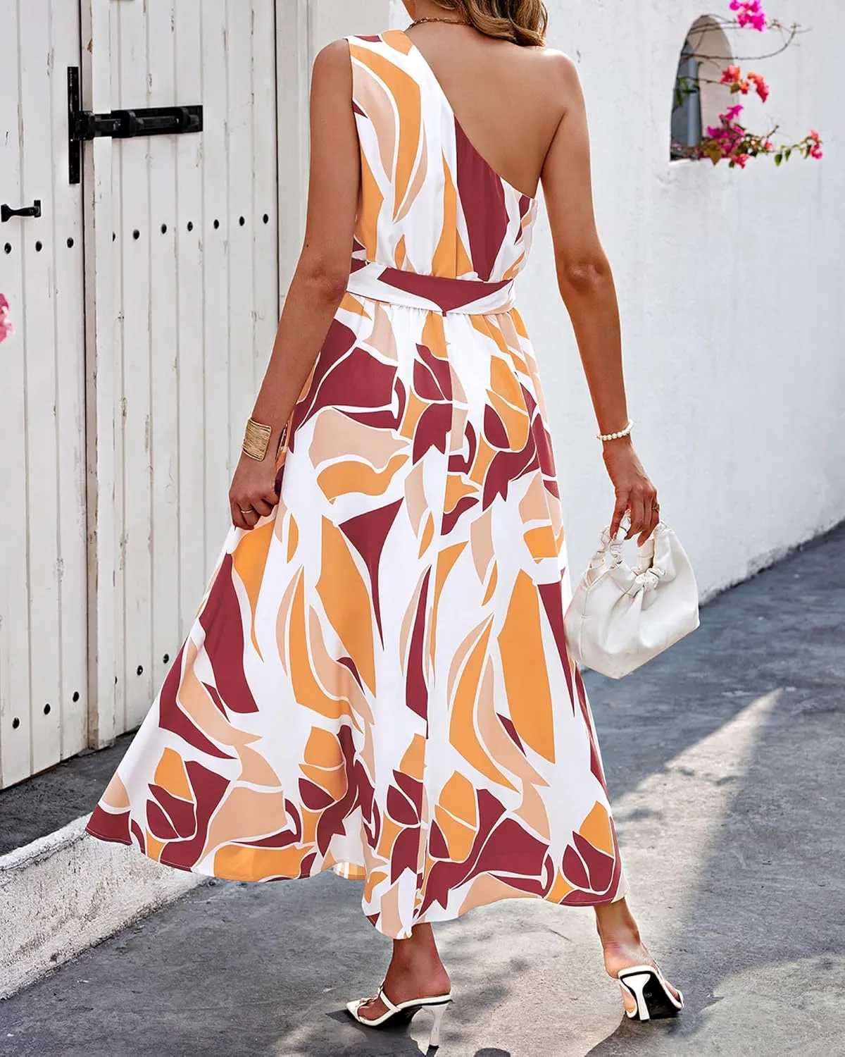 BTFBM Women's Sleeveless One Shoulder Dress Resort Outfits Casual Summer Maxi Sundress Print Belted Long Flowy Dresses