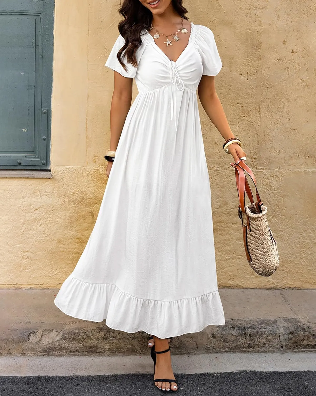 BTFBM Womens Summer Dresses 2025 Casual Short Sleeve V Neck Drawstring Wedding Guest Maxi Dresses Boho Beach Long Dress