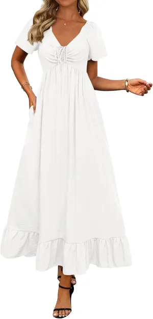BTFBM Womens Summer Dresses 2025 Casual Short Sleeve V Neck Drawstring Wedding Guest Maxi Dresses Boho Beach Long Dress