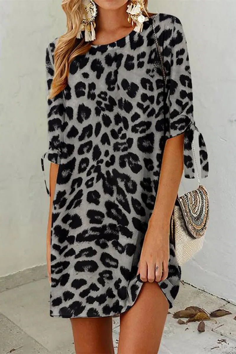 Casual College Leopard Frenulum O Neck Printed Dress Dresses