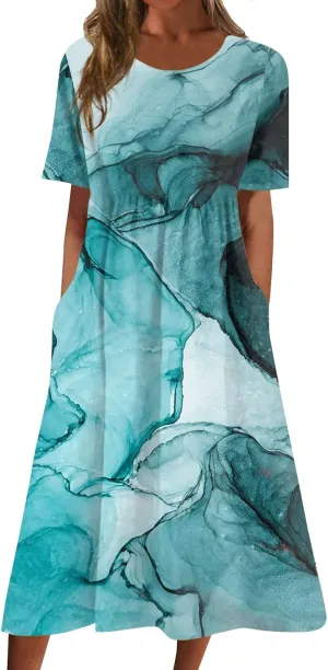 Casual Dresses for Women 2024 Plus Size Print Basic Dresses Summer Short Sleeve Flowy O Neck Dress with Pockets
