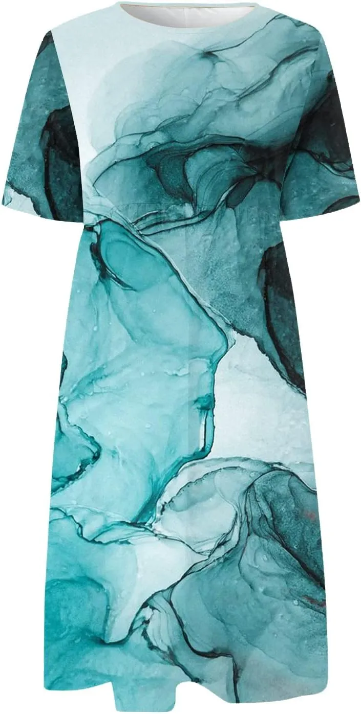 Casual Dresses for Women 2024 Plus Size Print Basic Dresses Summer Short Sleeve Flowy O Neck Dress with Pockets
