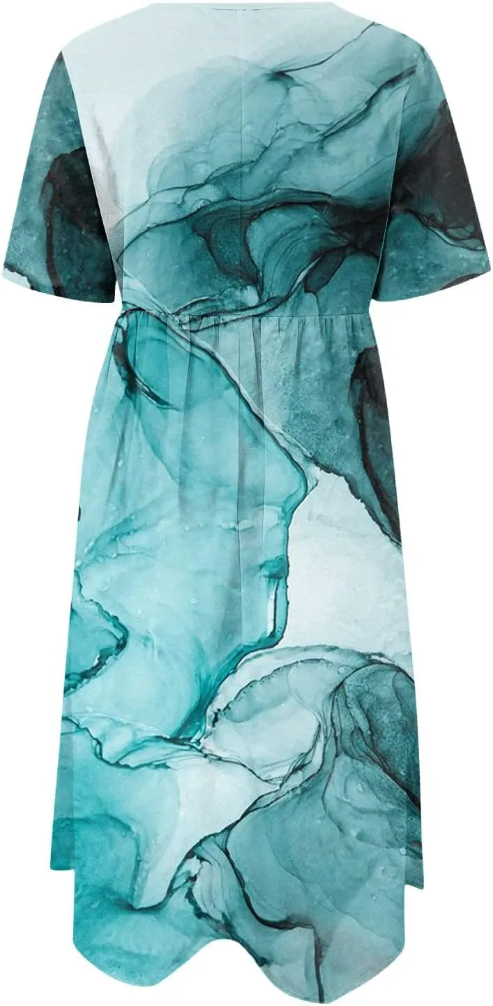 Casual Dresses for Women 2024 Plus Size Print Basic Dresses Summer Short Sleeve Flowy O Neck Dress with Pockets
