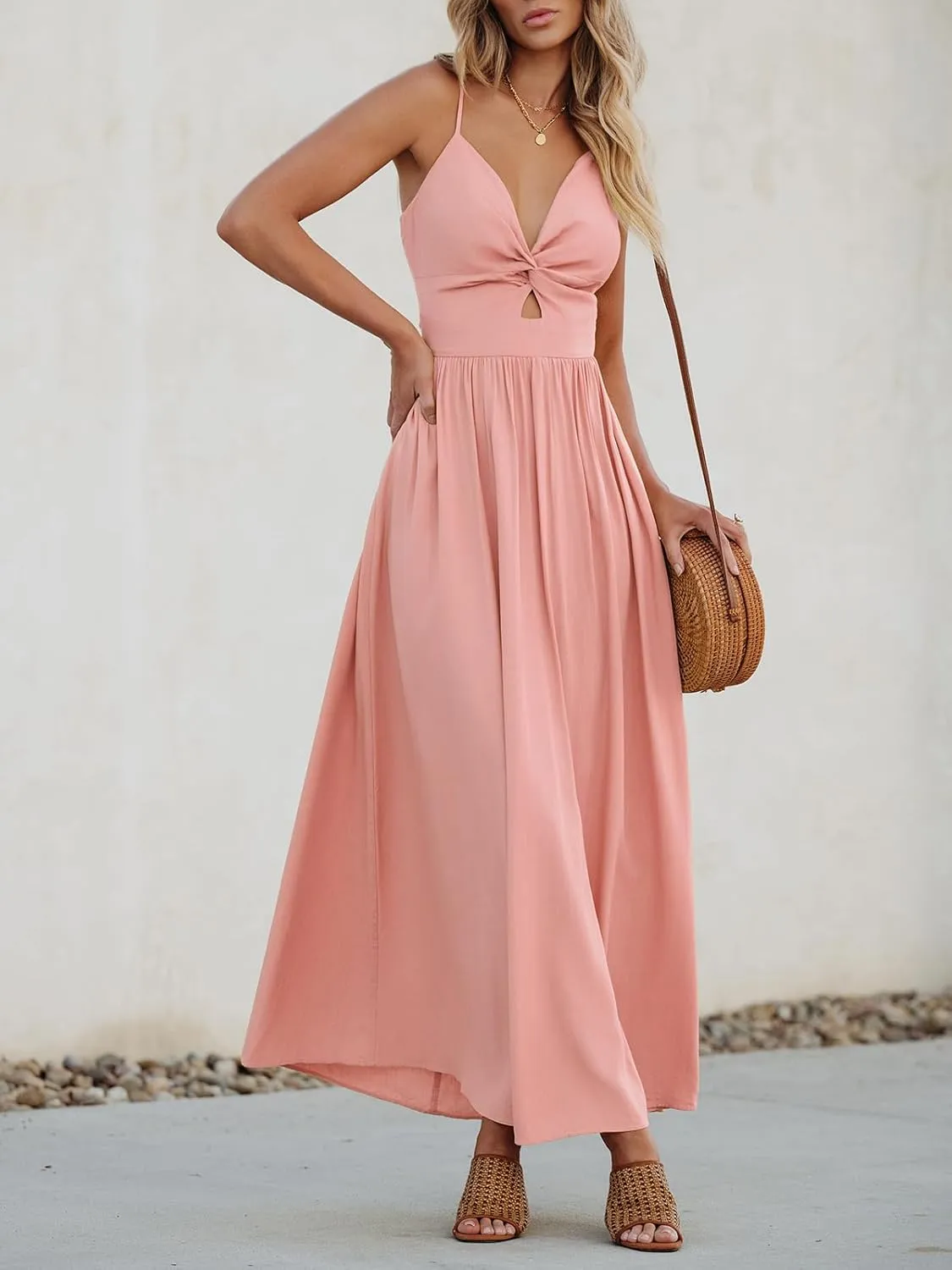 CUPSHE Women Casual Dress Beach Sleeveless V Neck Summer Cutout Spaghetti Straps Formal Maxi Sun Dresses