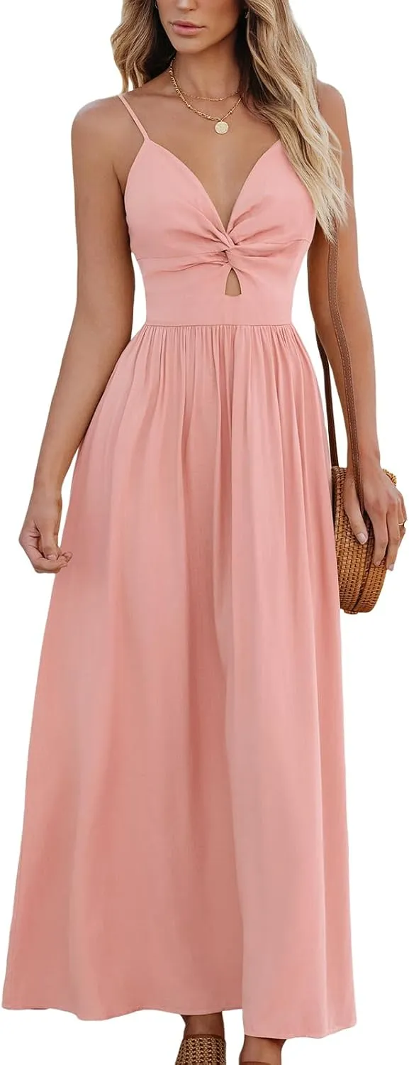 CUPSHE Women Casual Dress Beach Sleeveless V Neck Summer Cutout Spaghetti Straps Formal Maxi Sun Dresses