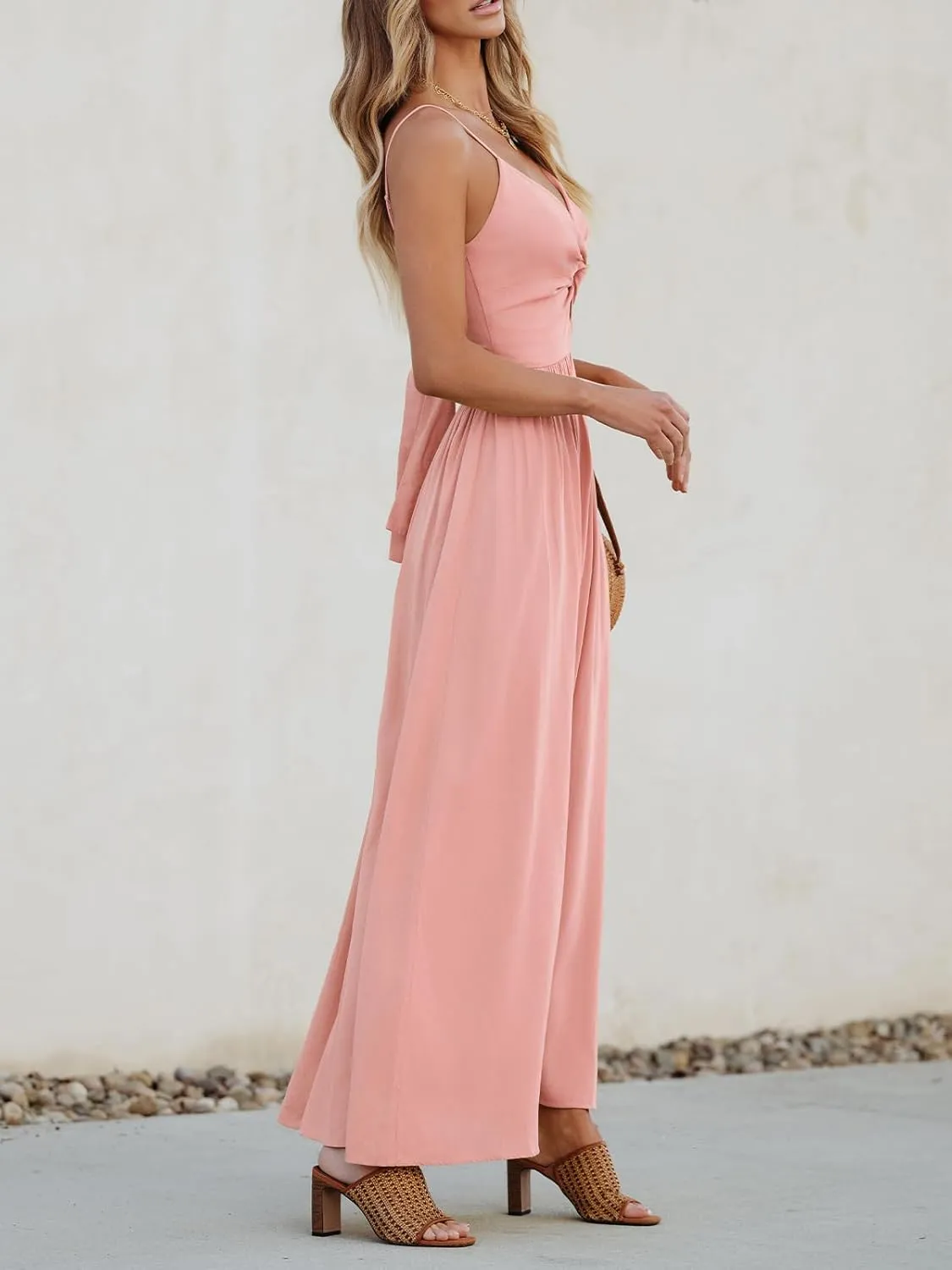 CUPSHE Women Casual Dress Beach Sleeveless V Neck Summer Cutout Spaghetti Straps Formal Maxi Sun Dresses