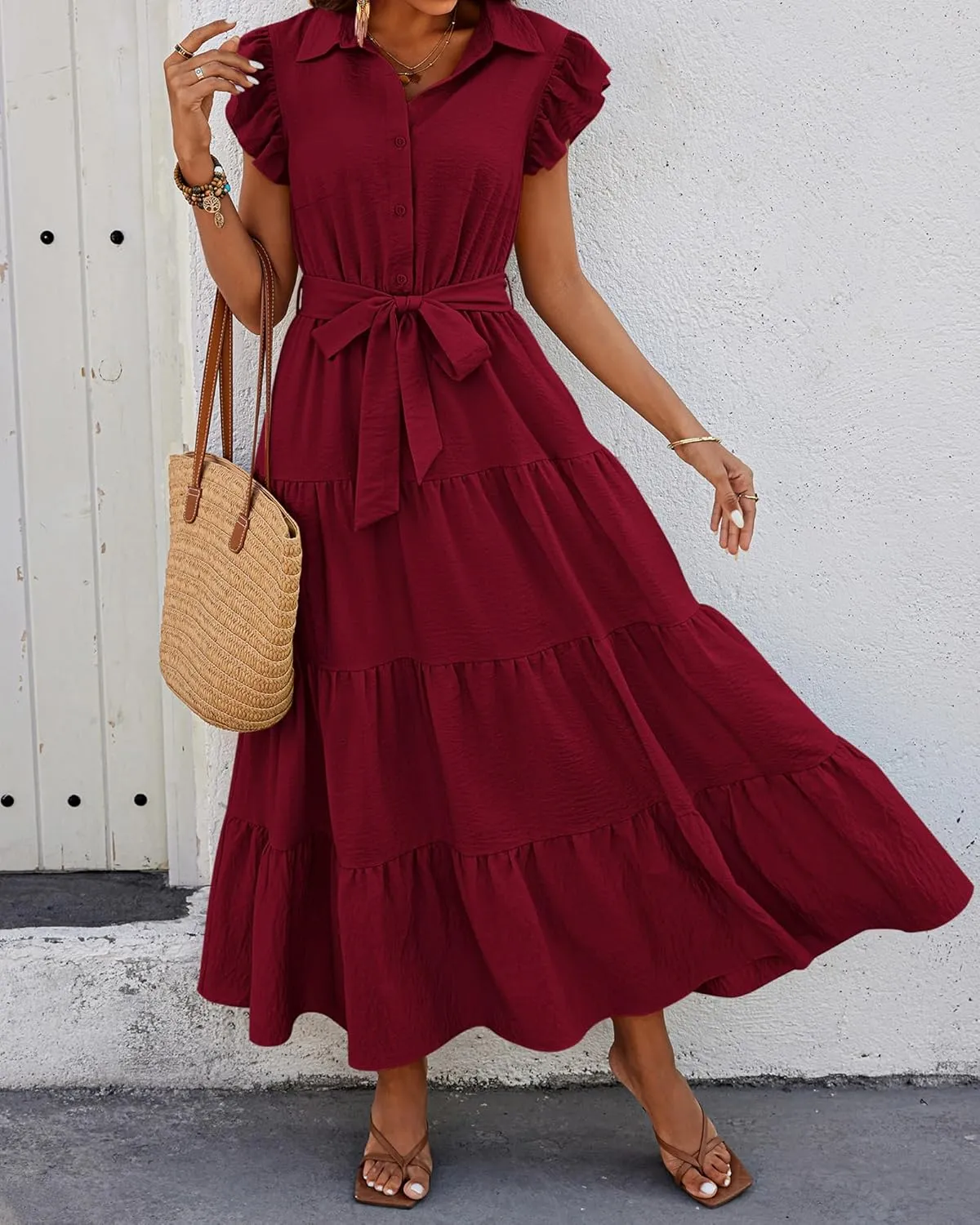 dowerme Women's Summer Casual Dresses 2025 Cap Ruffle Sleeve V Neck Button Belted Tiered Boho Maxi Dress with Pockets