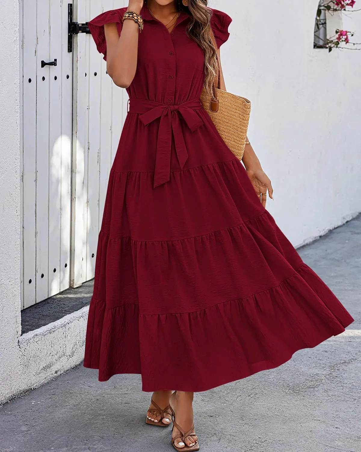 dowerme Women's Summer Casual Dresses 2025 Cap Ruffle Sleeve V Neck Button Belted Tiered Boho Maxi Dress with Pockets
