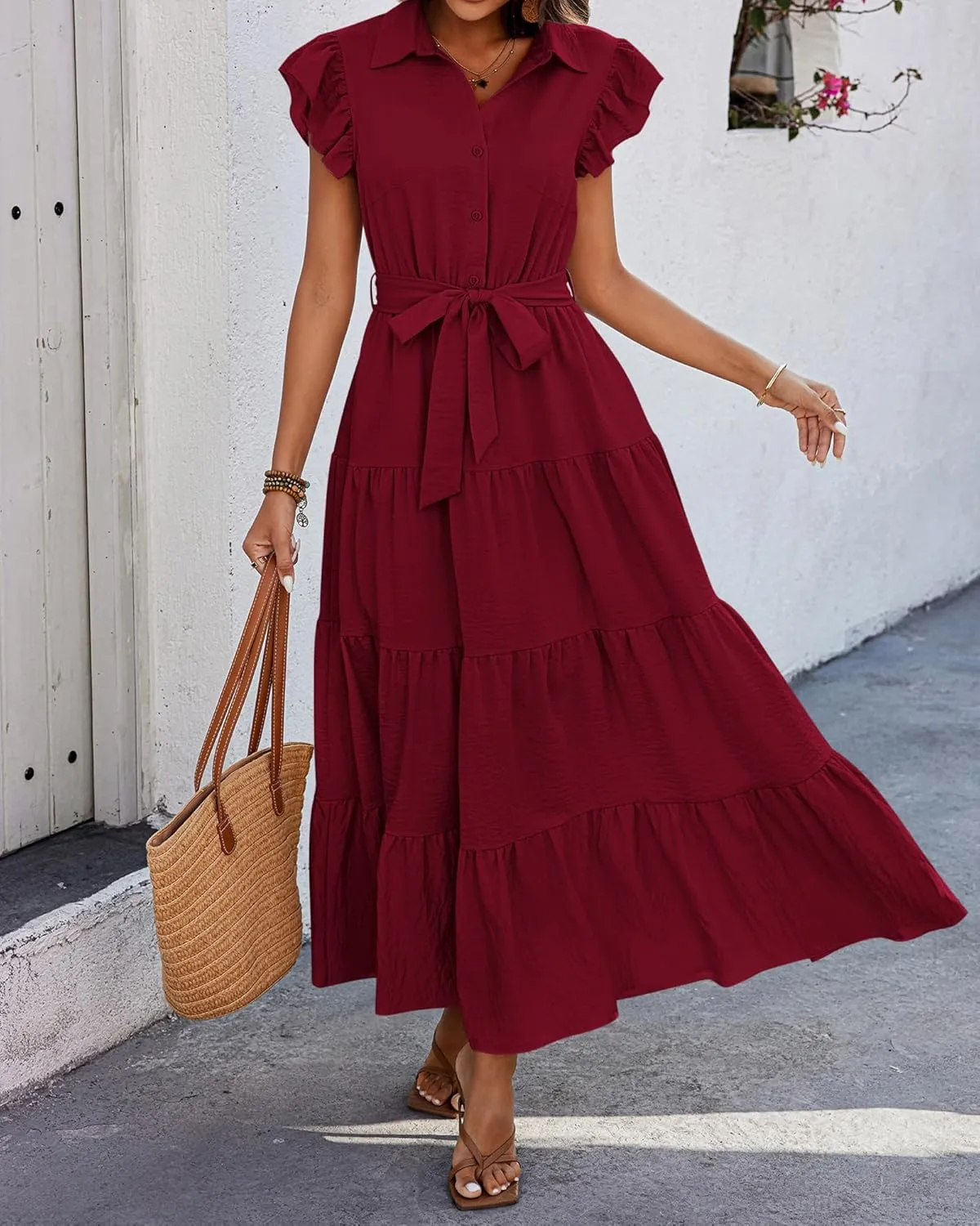dowerme Women's Summer Casual Dresses 2025 Cap Ruffle Sleeve V Neck Button Belted Tiered Boho Maxi Dress with Pockets