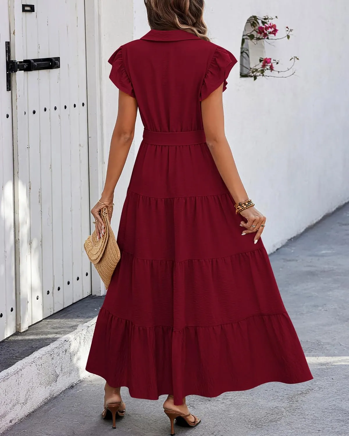 dowerme Women's Summer Casual Dresses 2025 Cap Ruffle Sleeve V Neck Button Belted Tiered Boho Maxi Dress with Pockets