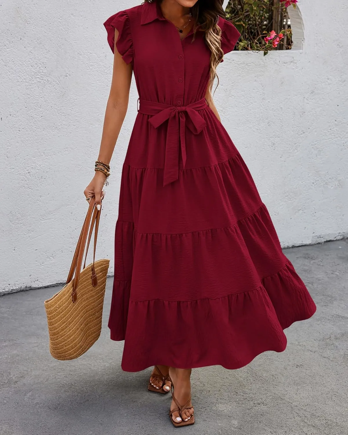 dowerme Women's Summer Casual Dresses 2025 Cap Ruffle Sleeve V Neck Button Belted Tiered Boho Maxi Dress with Pockets