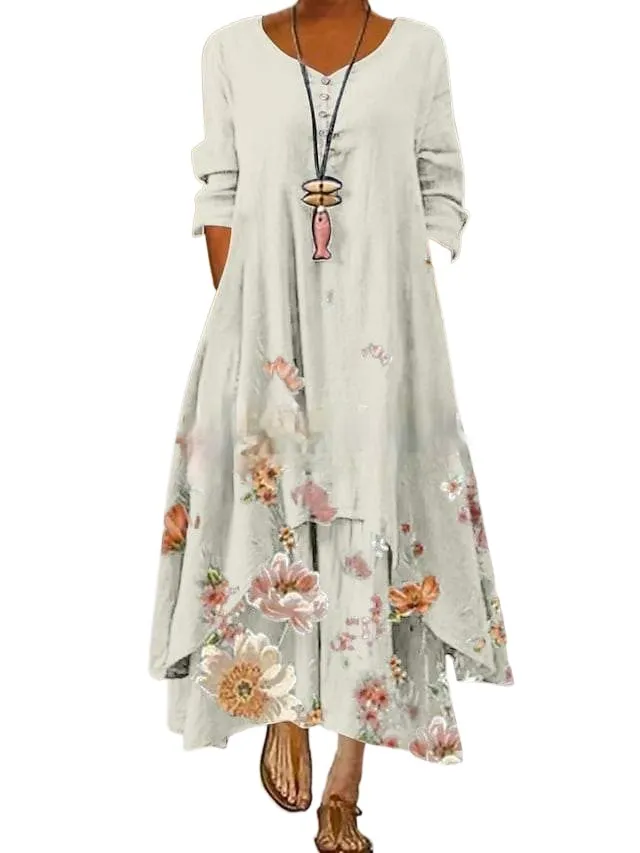 Dunnmall Boho Maxi Dresses for Women Casual Summer Long Sleeve Button Floral Print Loose Bohemian Long Dresses Blue