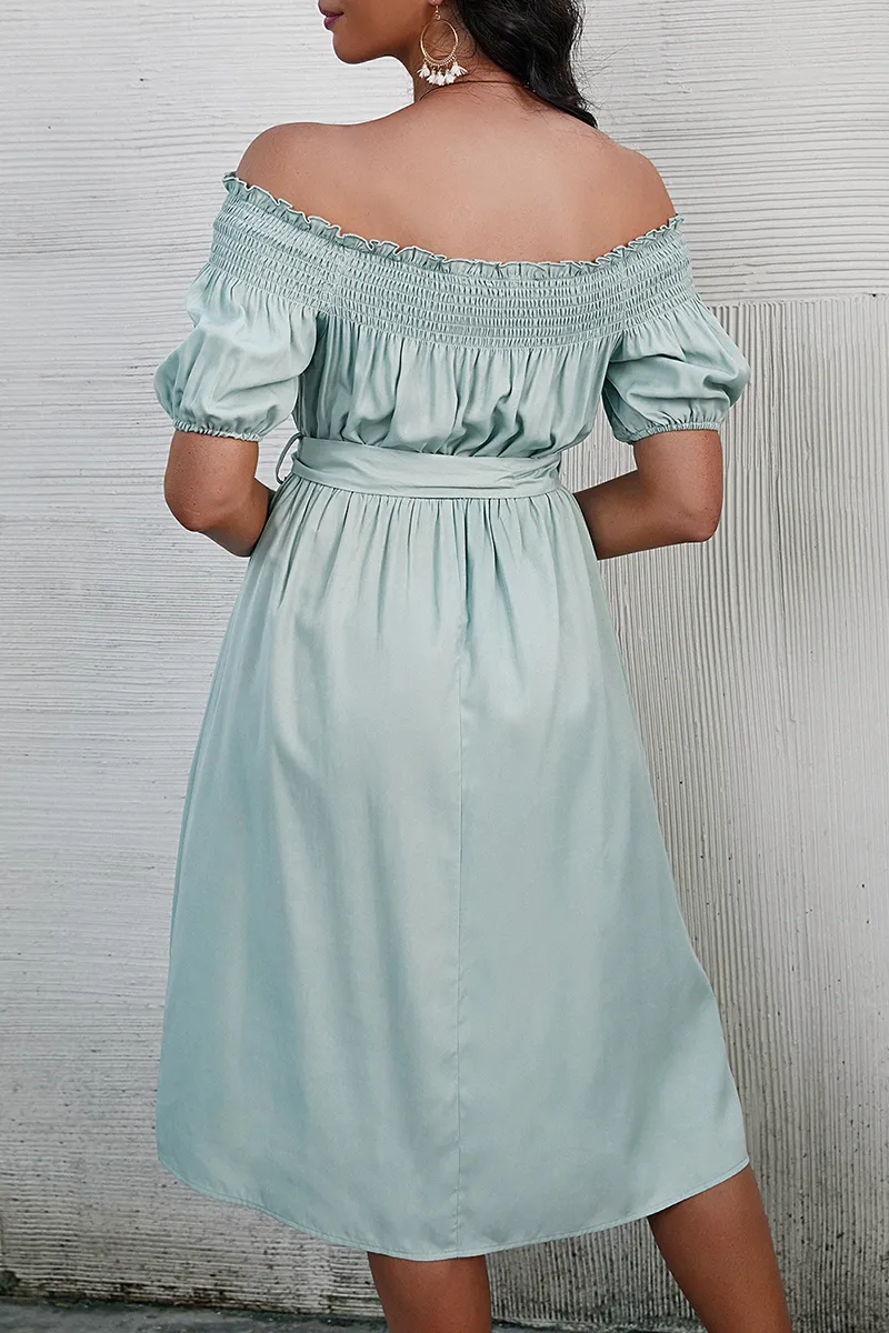 Dunnmall Fashion Elegant Solid Buckle With Belt Off the Shoulder A Line Dresses