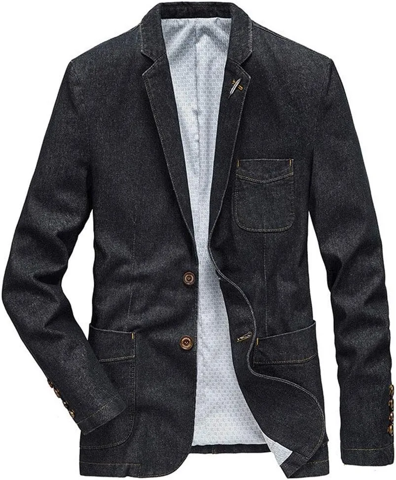 ebossy Men's Casual Slim Denim Blazer Two Button Business Suit Jacket Sport Coat