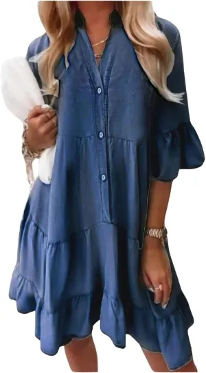 ebossy Women's Summer Casual 3/4 Sleeve Ruffle Jean Dress Tiered Flowy Button Down Shirt Dress 2025 Trendy Outftis