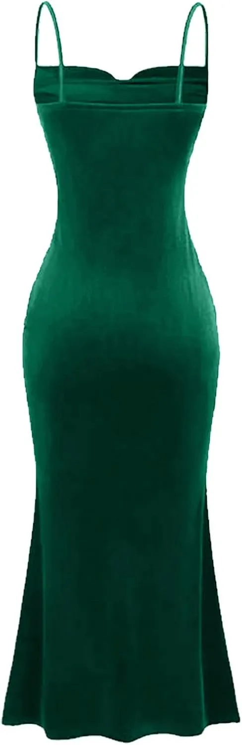 Elegant Velvet Dress for Women Spaghetti Strap Sleeveless Bodycon Mermaid Dress Ruched Cocktail Party Dresses