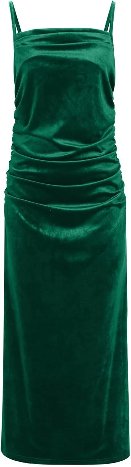 Elegant Velvet Dress for Women Spaghetti Strap Sleeveless Bodycon Mermaid Dress Ruched Cocktail Party Dresses
