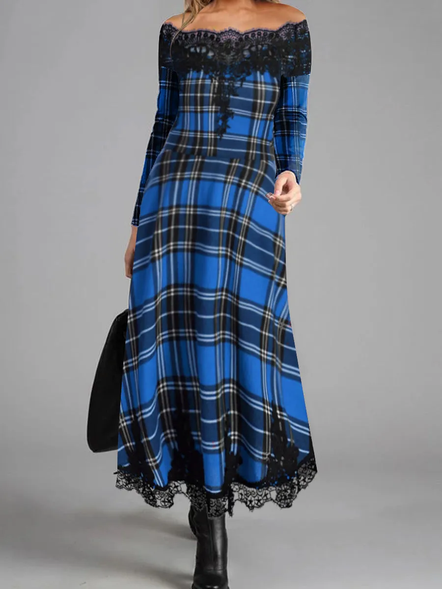 Embroidered Lace Plaid Long-sleeved One-neck Dress