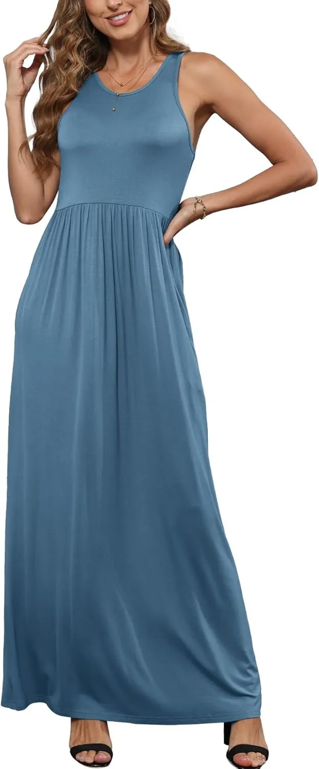 EUOVMY Women's Sleeveless Dress Casual Plain Loose Summer Vacation Long Maxi Dresses with Pockets