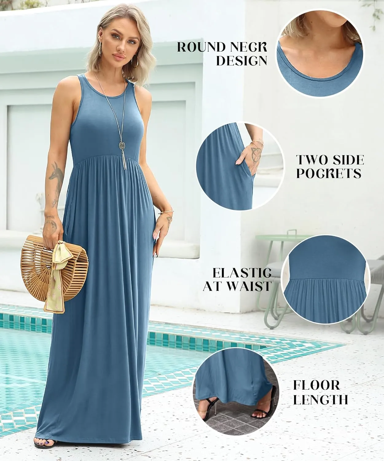 EUOVMY Women's Sleeveless Dress Casual Plain Loose Summer Vacation Long Maxi Dresses with Pockets